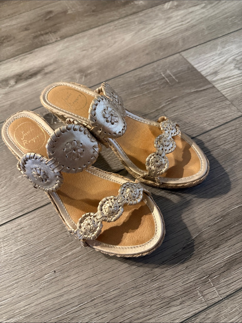 Jack Rogers Metallic Gold Whipstitch Rondelle Slide Sandals